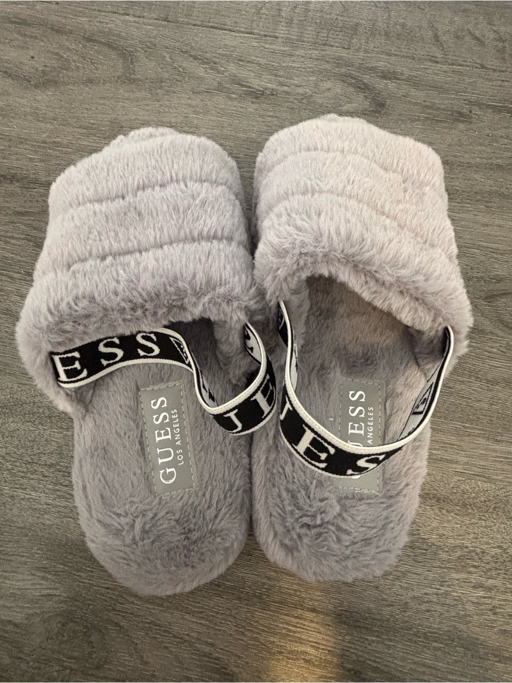 GUESS Gray Plush Slide Slippers with Branded Elastic Strap